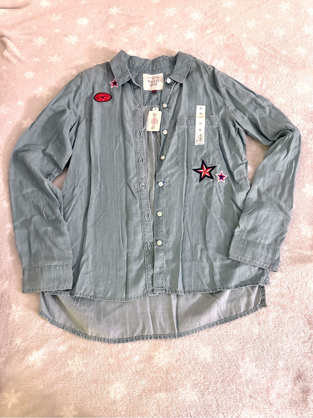 SO Light Blue Button-Down Shirt with Embroidered Patches